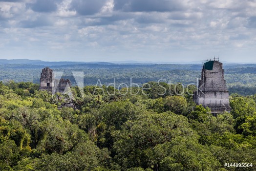 Bild på Tops of Mayan ruins peek over tops of trees in Tikal Guatemala